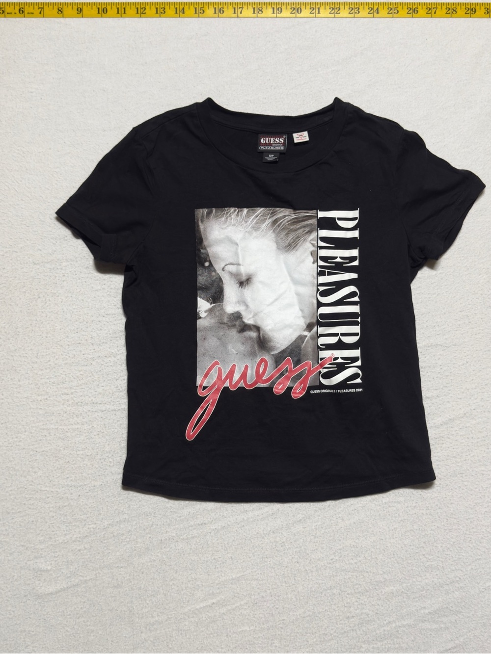 GUESS Girls' Black Graphic Tee with Pleasures Print kiss shirt